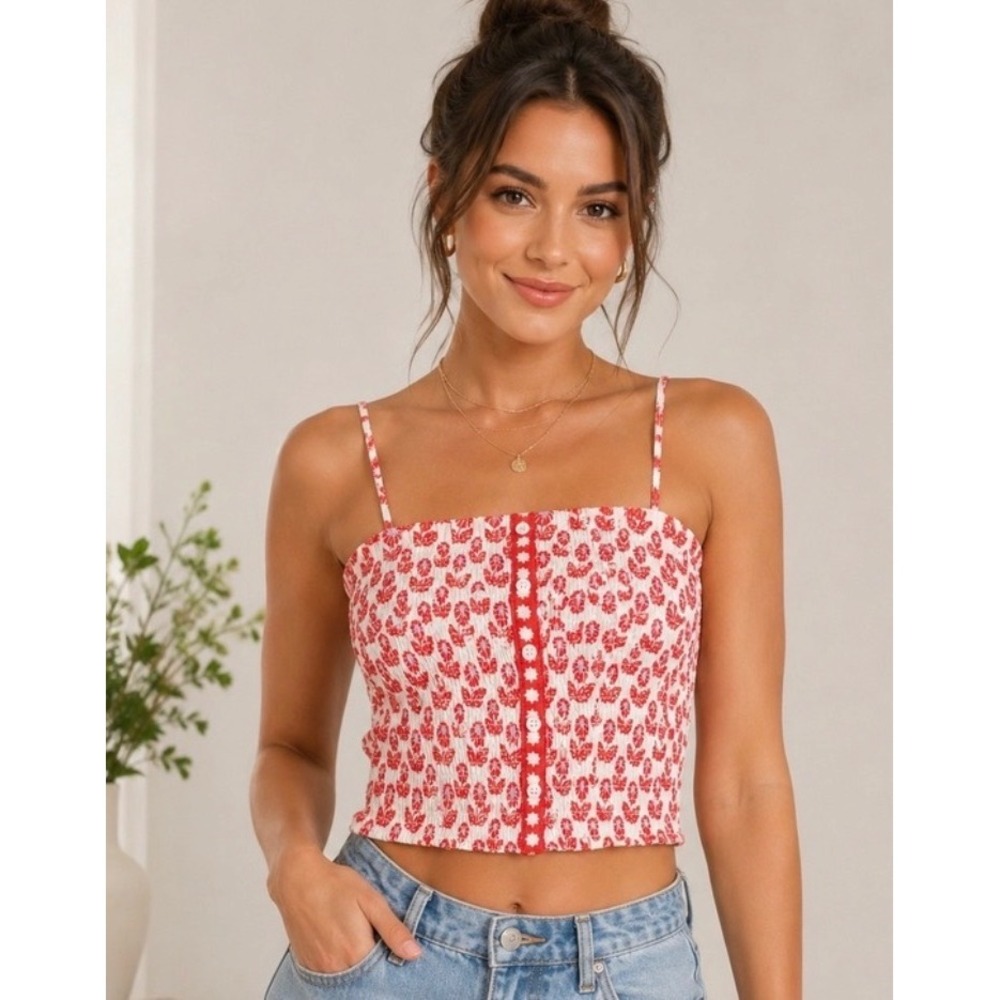 Roller Rabbit Target Red White Smocked Crop Cami Tank Top Small Star Print